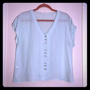 Short Sleeve Aqua Linen Blouse